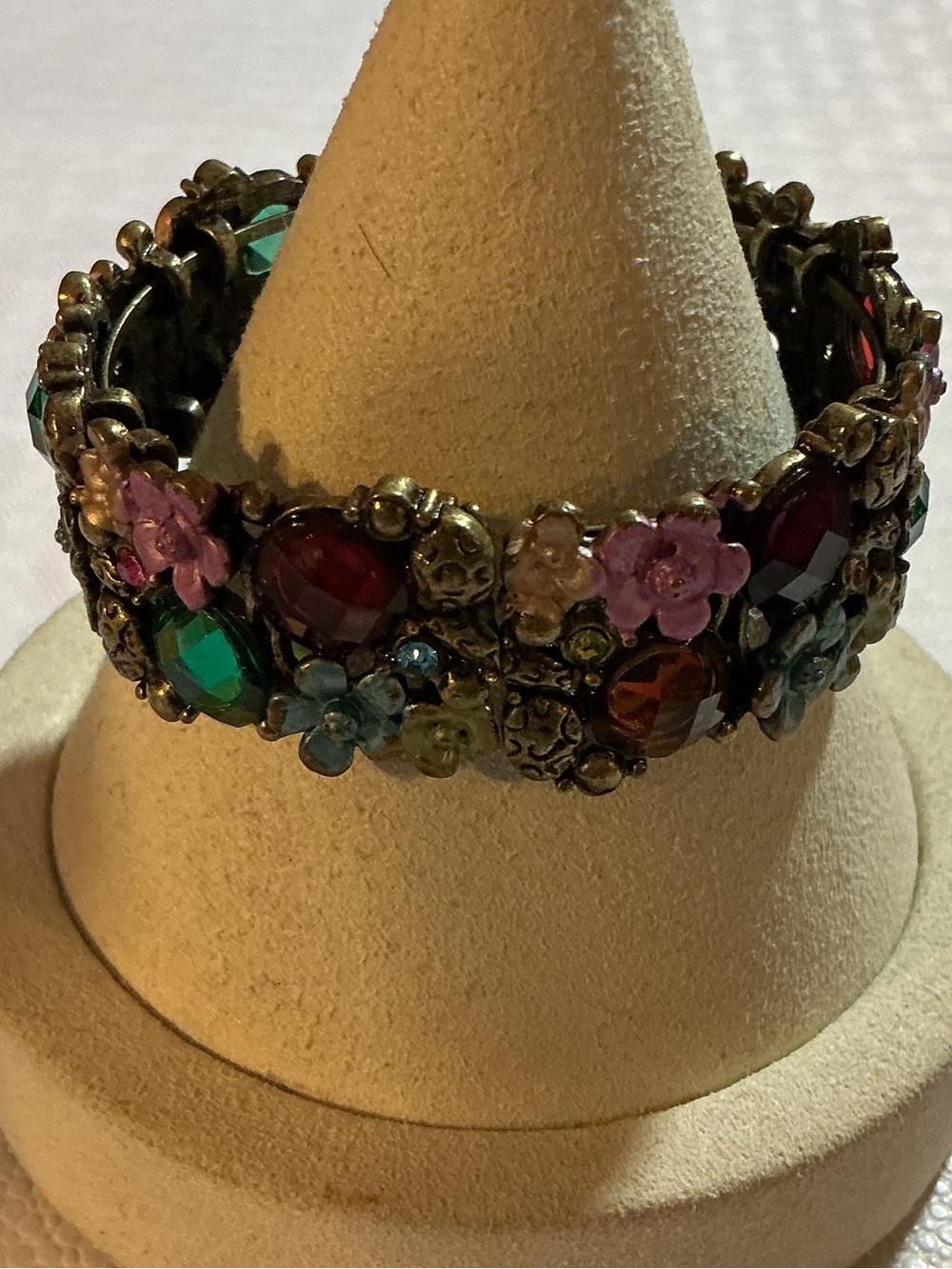 Floral Rhinestone Vintage Victorian Antique Brass Filigree Cuff Bracelet